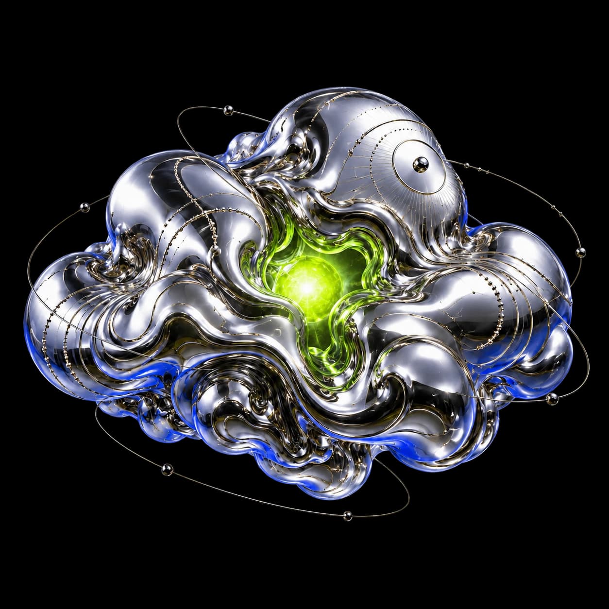 A sculptural silver cloud surrounded by orbital lines against electric blue